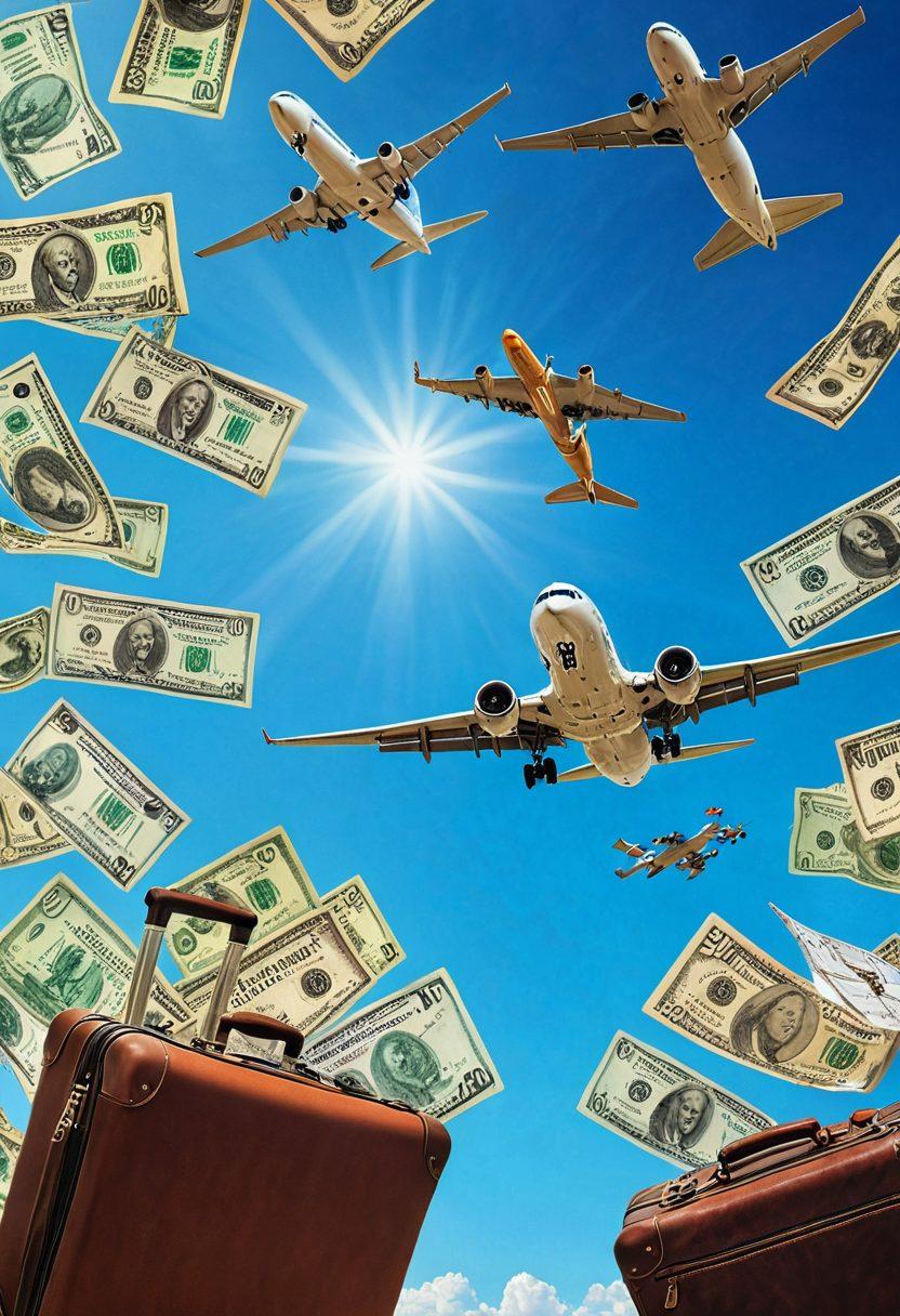 A collage of various airplanes soaring through a bright blue sky, intertwined with dollar bills and flight route maps. Show diverse travelers smiling while holding boarding passes and luggage, enjoying a sense of carefree adventure. Emphasize vibrant colors and a feeling of movement, symbolizing both freedom and affordability in air travel. super-realistic. vibrant colors. white background.