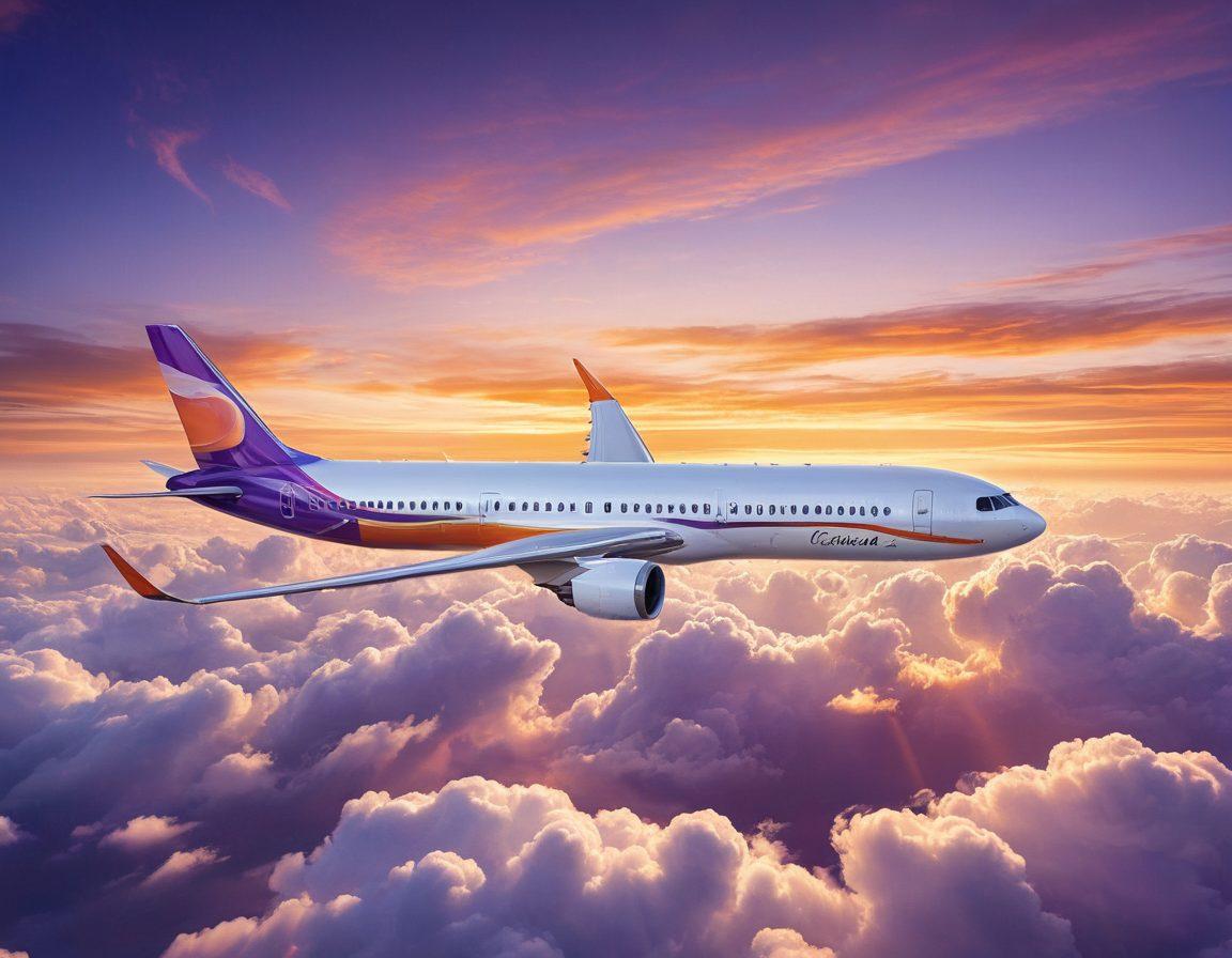 An elegant airplane soaring high above fluffy white clouds, with a smooth gradient sunset in the background, symbolizing ease and freedom in travel. Below, a collage of airline services such as friendly flight attendants, cozy cabin interiors, and a digital booking interface. Include warm inviting colors to evoke a sense of comfort and adventure. super-realistic. vibrant colors.