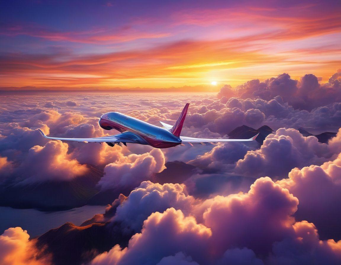 A bird's-eye view of an airplane soaring above the clouds, with a dramatic sunset casting warm hues in the sky. Below, a vibrant landscape showcases various destinations like mountains, beaches, and city skylines, symbolizing affordable travel options. Include subtle elements like tickets and travel essentials floating in the air, representing airline services. The overall composition should evoke a sense of adventure and excitement. super-realistic. vibrant colors. 3D.